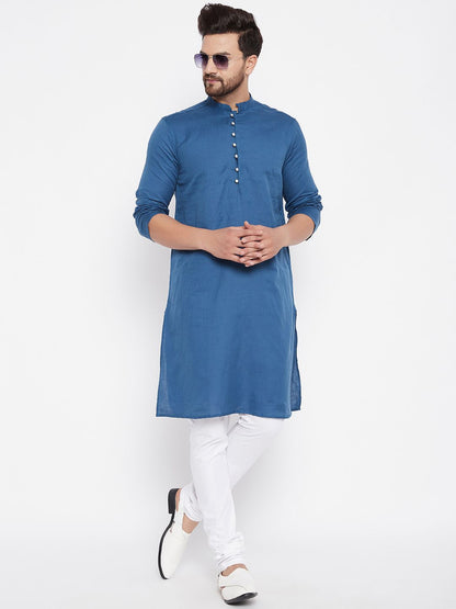 Men's Woven Design Blue Straight Kurta