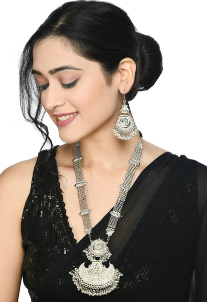 Trendia Silver-Plated Rani Haar Necklace with Earrings Jkms_088