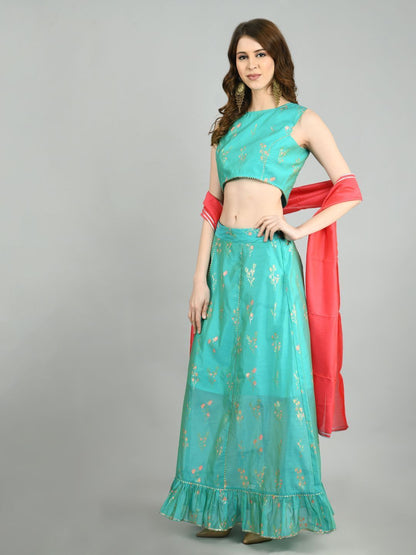 Green Chanderi Printed Sleeveless Round Neck Casual Blouse Lehenga Dupatta Set