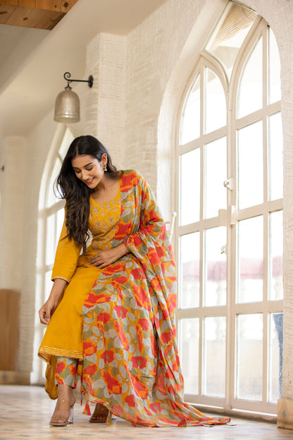 Women's Yellow Floral Print Anarkali Suit Set