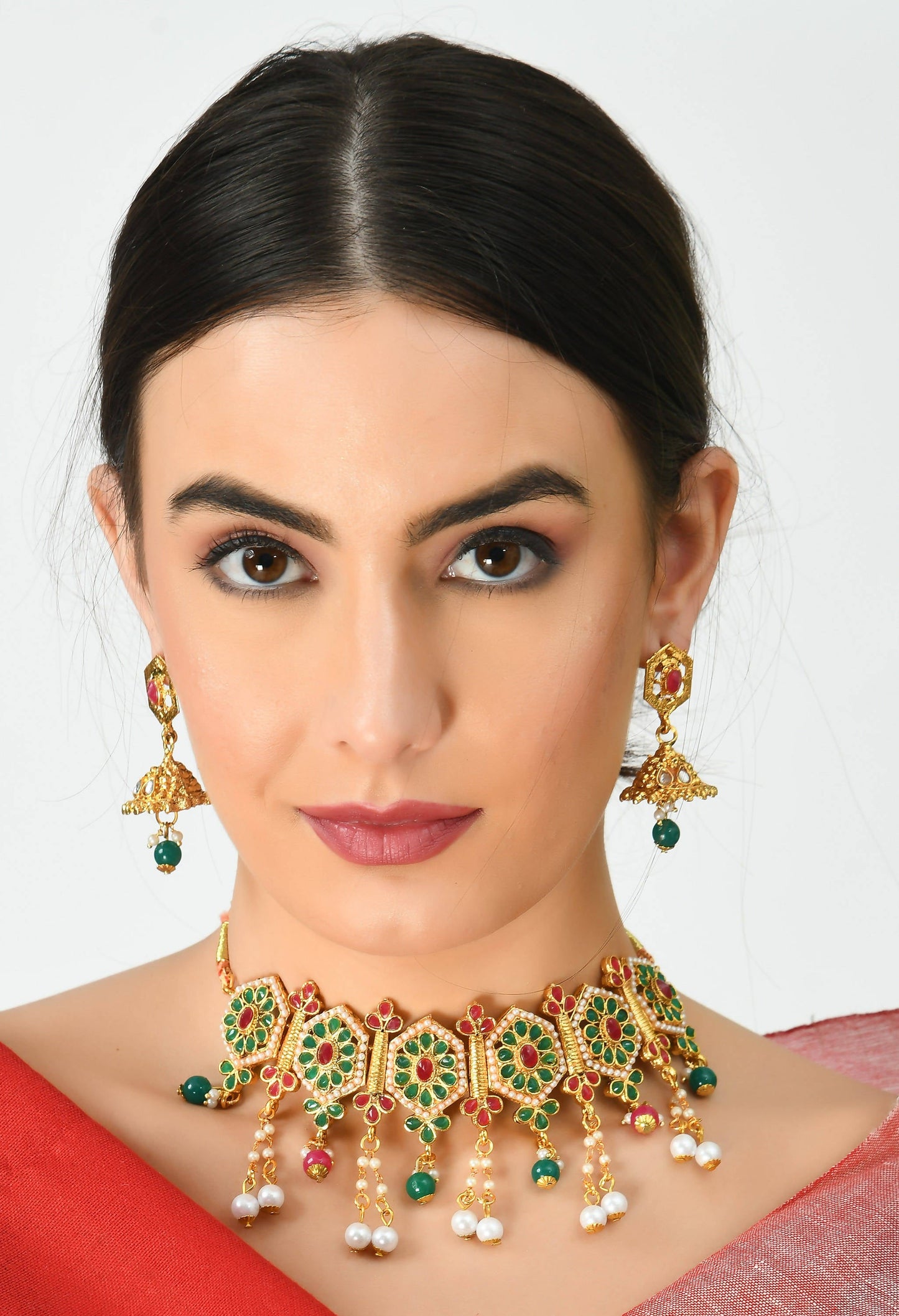 Gold-Plated Chokar Jaipuri Necklace Multi color with Earrings Jkms_117