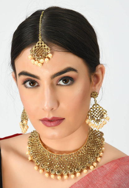 Gold-Plated Golden Necklace & Pearls with Earrings ,Tikka Jkms_160