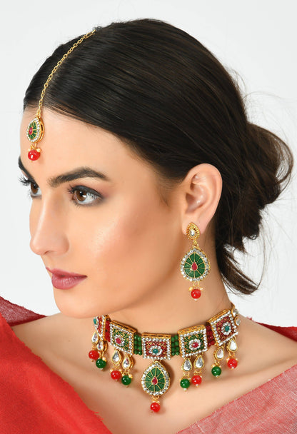 Gold-Plated Chokar Necklace Multi color with Earring & Tikka Jkms_118