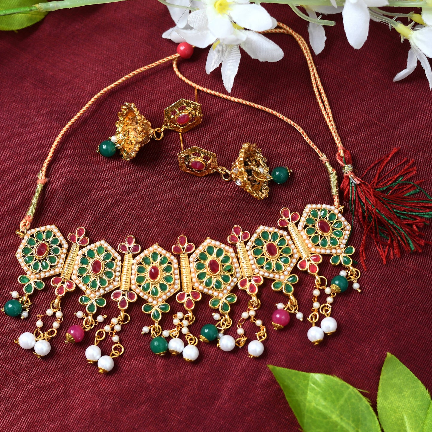 Gold-Plated Chokar Jaipuri Necklace Multi color with Earrings Jkms_117