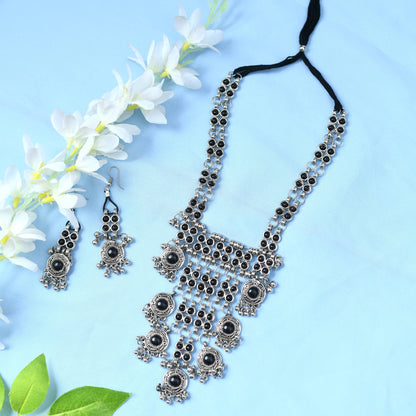 Silver-Plated Black Color Kundan Necklace with Earrings Jkms_095