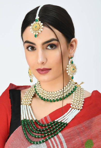 Gold-Plated Rani Haar with Green and Off white Pearls Jewellery Set Jkms_031