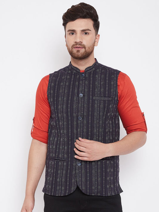 Men's Ethnic Jacquard Navy Blue Nehru Jacket