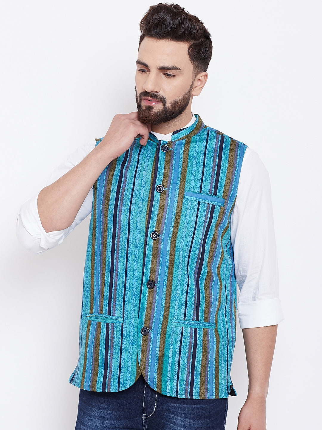 Men's Blue Striped Nehru Jacket