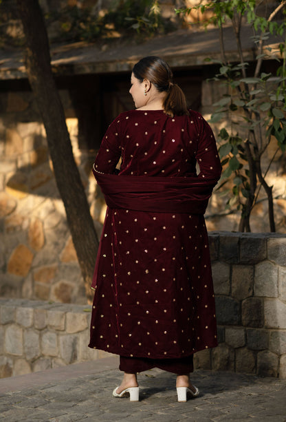 Women's Plus Size Maroon Velevet A Line Kurta Set - Label Shaurya Sanadhya