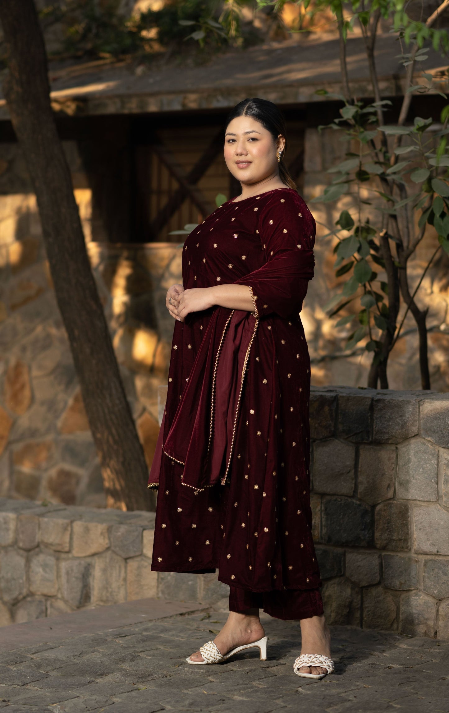 Women's Plus Size Maroon Velevet A Line Kurta Set - Label Shaurya Sanadhya