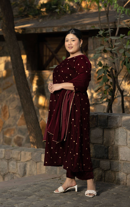 Women's Plus Size Maroon Velevet A Line Kurta Set - Label Shaurya Sanadhya