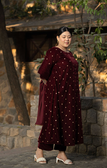 Women's Plus Size Maroon Velevet A Line Kurta Set - Label Shaurya Sanadhya