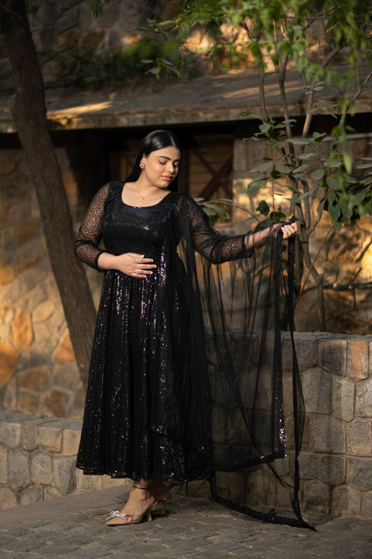 Women's Plus Size Black Sequin Anarkali Set - Label Shaurya Sanadhya