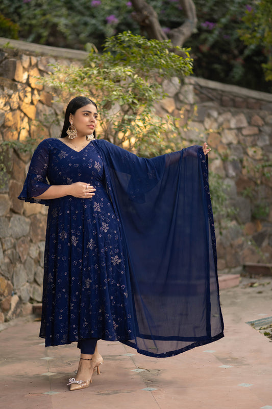 Women's Plus Size Imperial Blue Anarkali Set - Label Shaurya Sanadhya