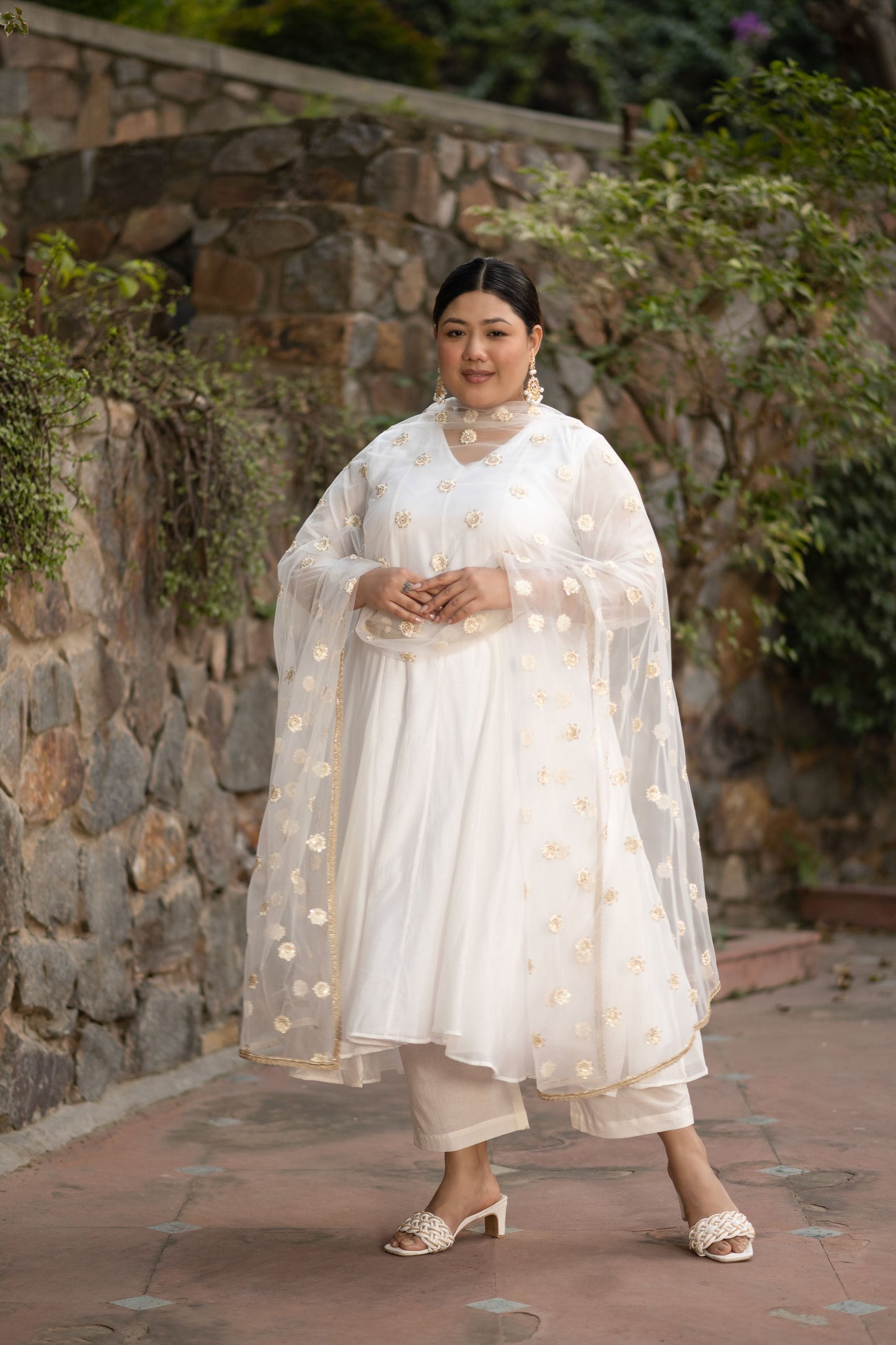 Women's Plus Size White Chanderi Anarkali With Thread Work Dupatta - Label Shaurya Sanadhya