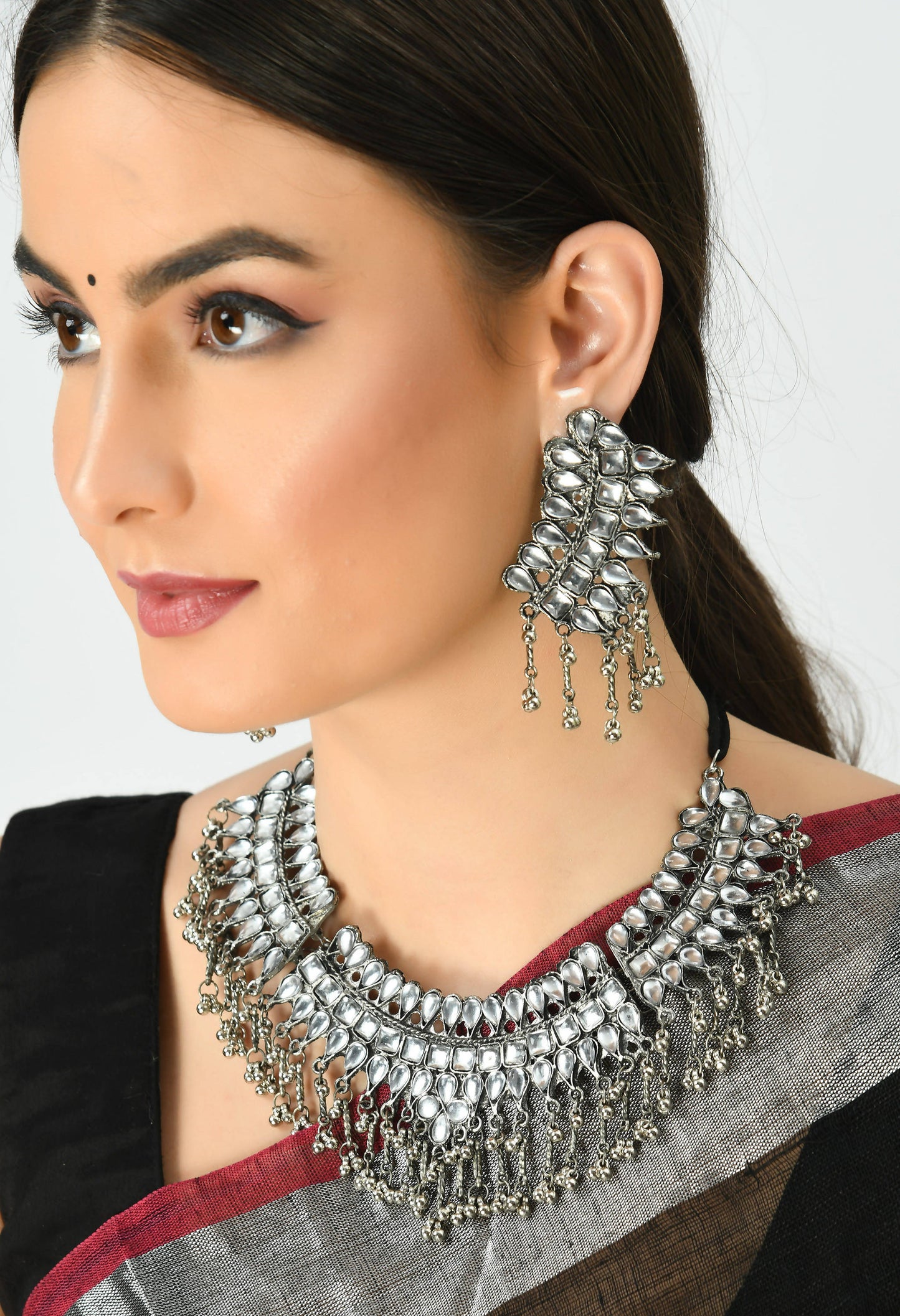 Silver-Plated Kundan Necklace with Earrings white Mangalsutra Jkms_084