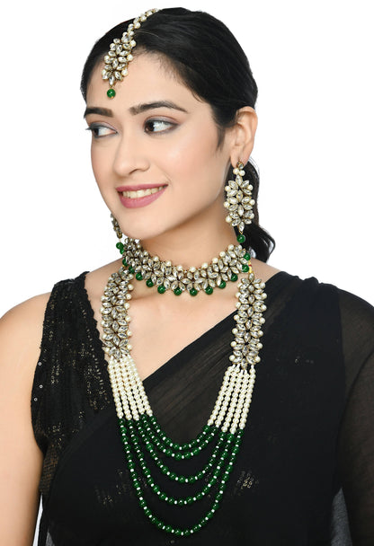 Golden Plated with stone and green Pearls Necklace Combo Set Jkms_127