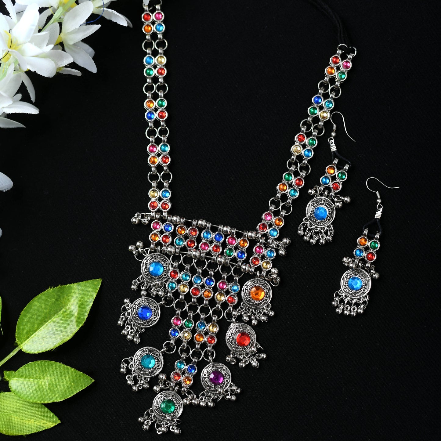 Silver-Plated Multi Color Kundan Necklace with Earrings Jkms_109