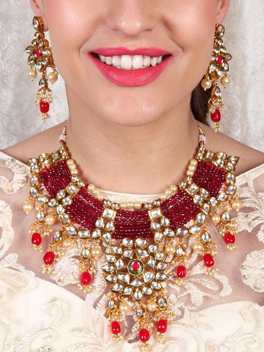 Women's Traditional Polki Wine & Pink Crystal Stones Kundan Choker With Earrings