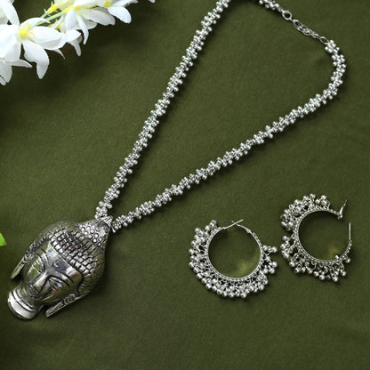 German Silver Oxidised Budha Necklace with Earrings Jkms_145