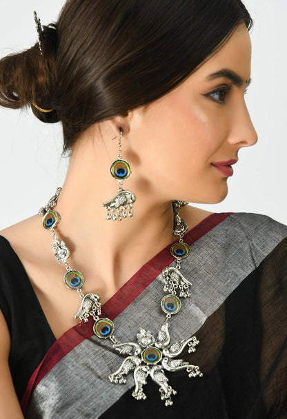 Oxidised Silver-Plated Peacock design Necklace with Earrings Jkms_133