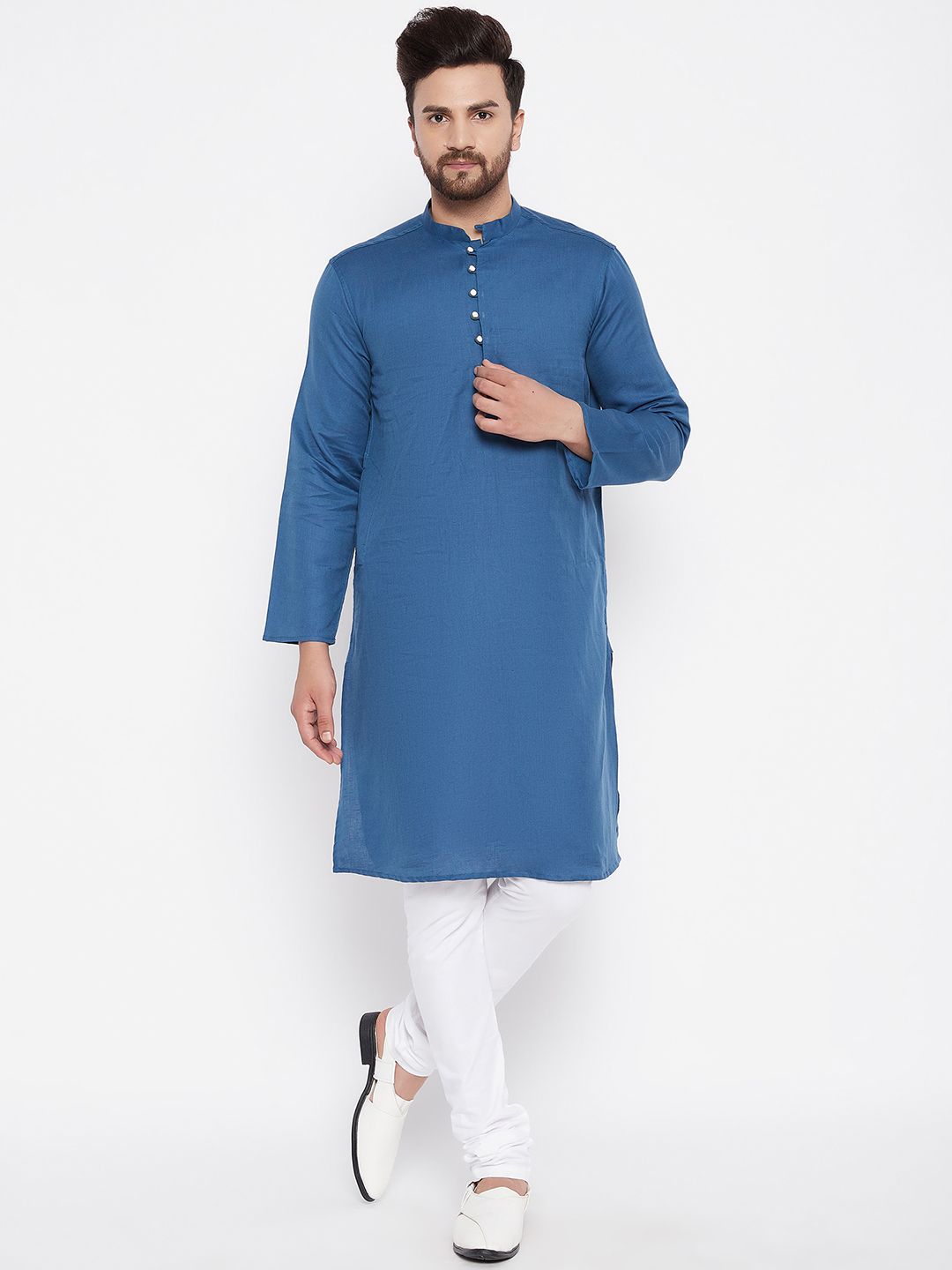 Men's Woven Design Blue Straight Kurta