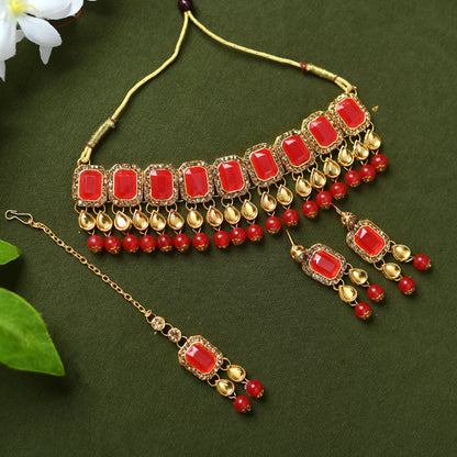 Gold-Plated Red Color Stone & Pearls Necklace with Earrings ,Tikka Jkms_125