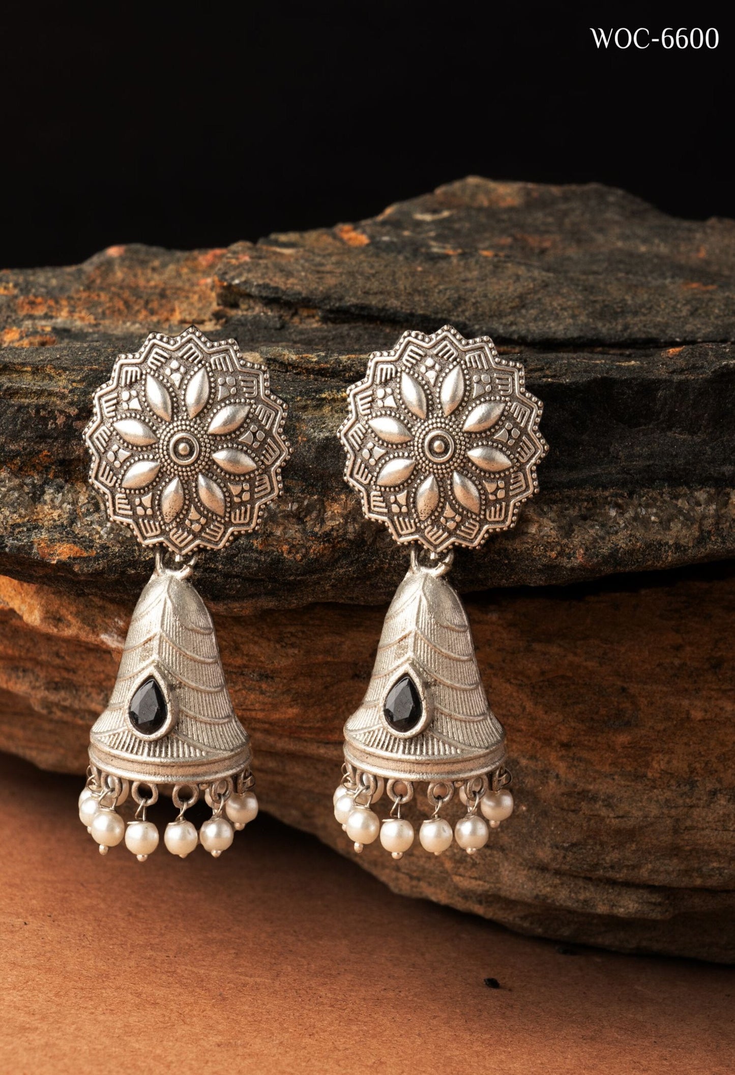 Women's Silver Bell Stone Jhumka -Combo Set