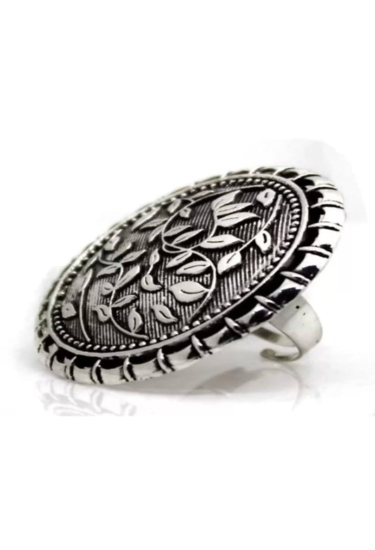 Oxidised Silver Toned Textured Adjustable Ring Jkring_016