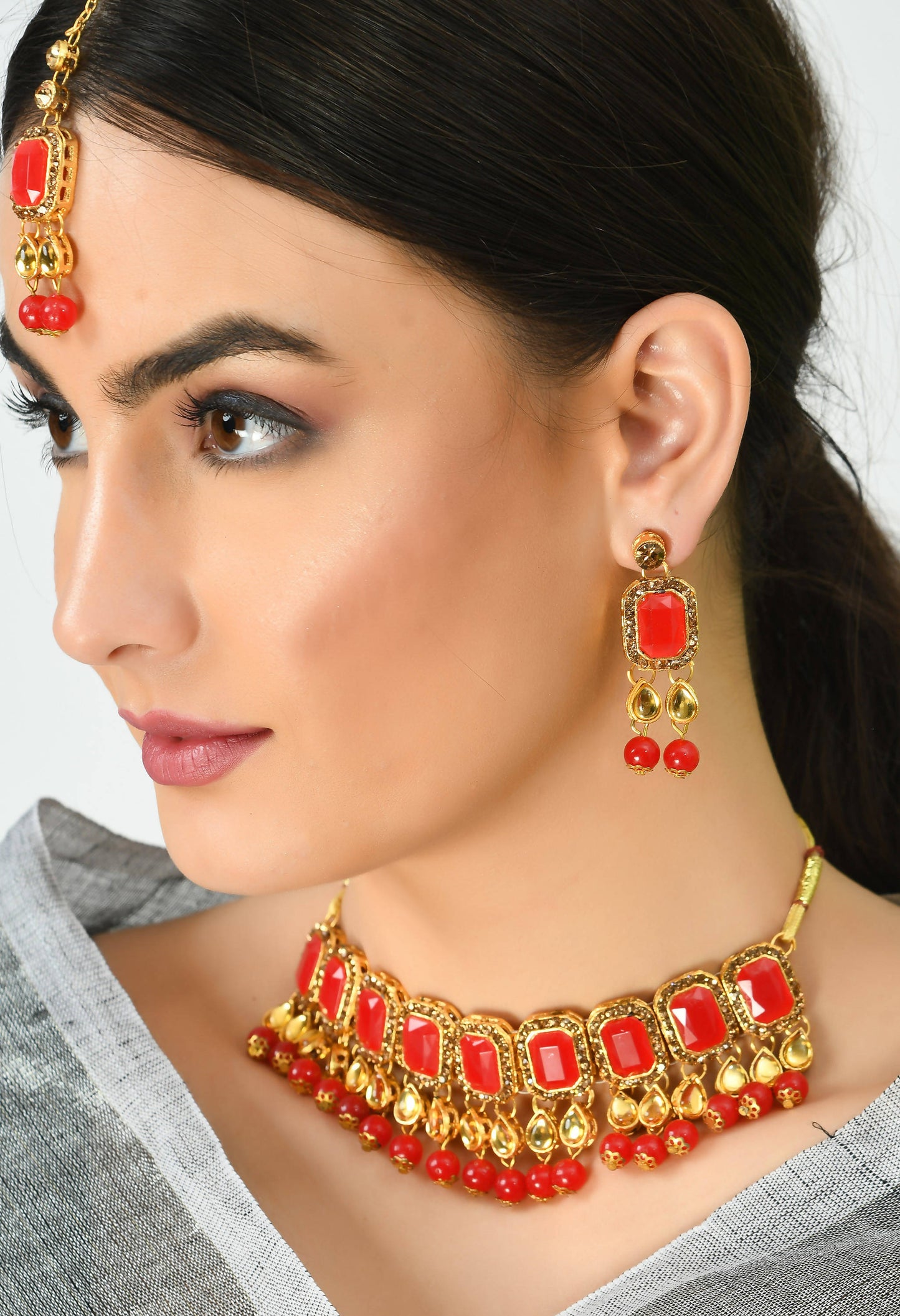 Gold-Plated Red Color Stone & Pearls Necklace with Earrings ,Tikka Jkms_125