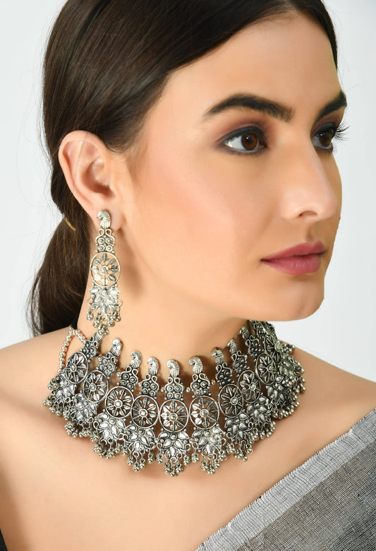 Silver-Plated Oxidised Necklace & Earrings Jkms_107