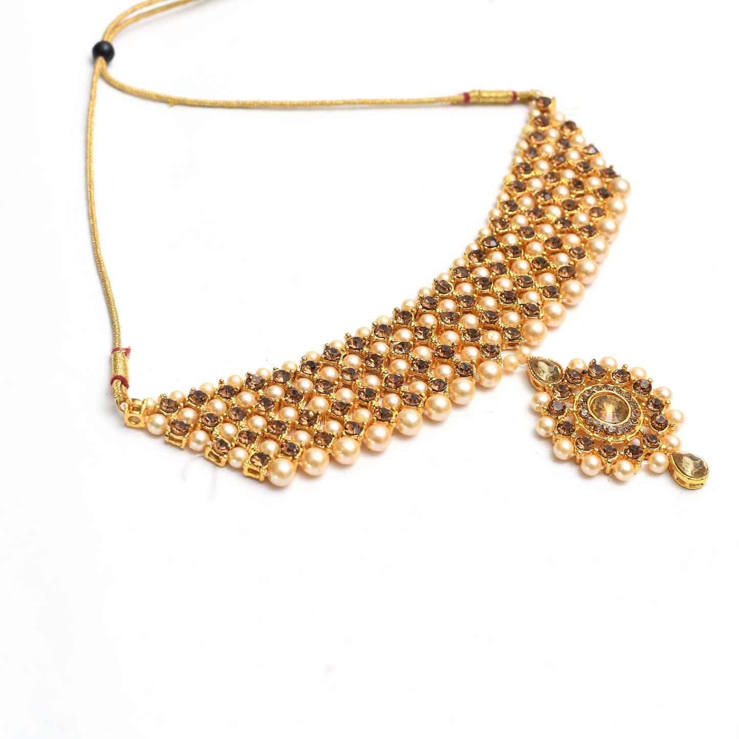 Gold-Pated Stone & Pearls Necklace with Earrings & Tikka Jkms_076