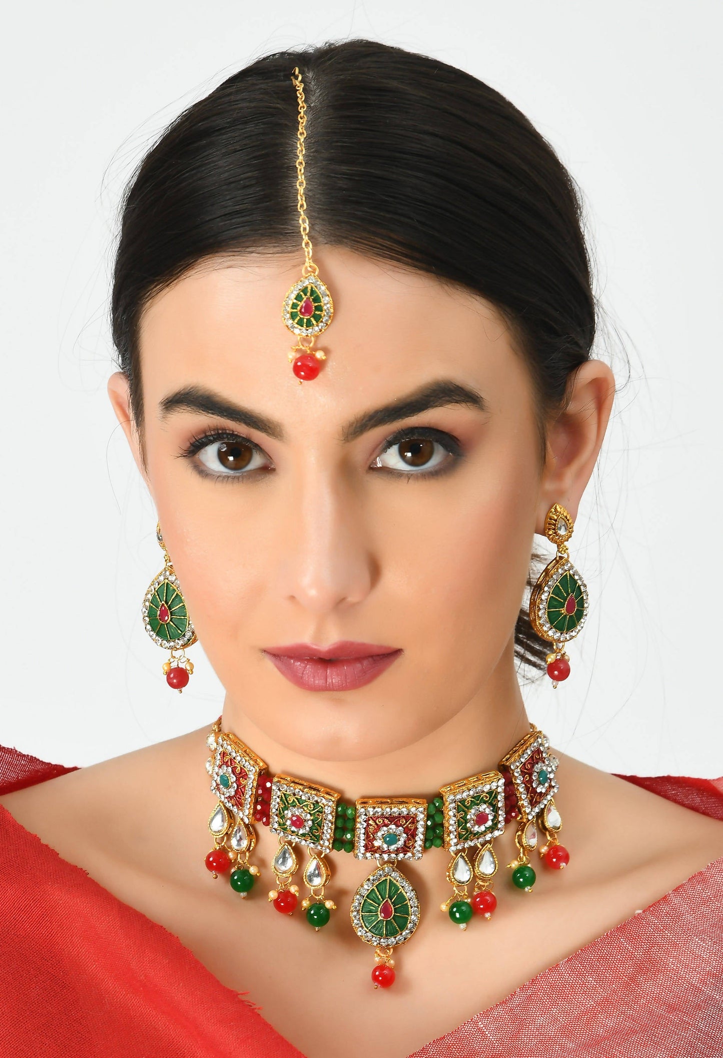 Gold-Plated Chokar Necklace Multi color with Earring & Tikka Jkms_118