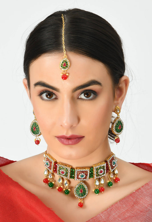 Gold-Plated Chokar Necklace Multi color with Earring & Tikka Jkms_118