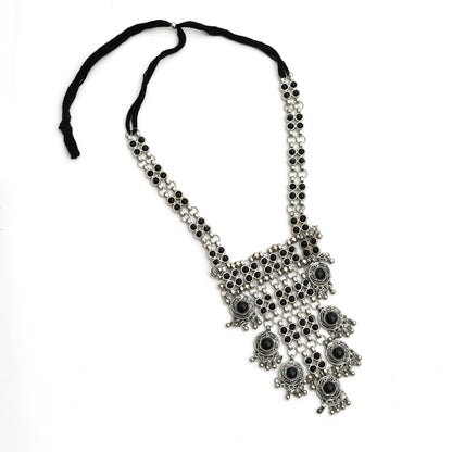 Silver-Plated Black Color Kundan Necklace with Earrings Jkms_095