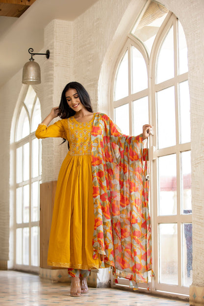 Women's Yellow Floral Print Anarkali Suit Set