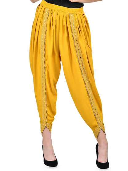 Women's Mustard Viscose Rayon Dhoti With Golden Lace