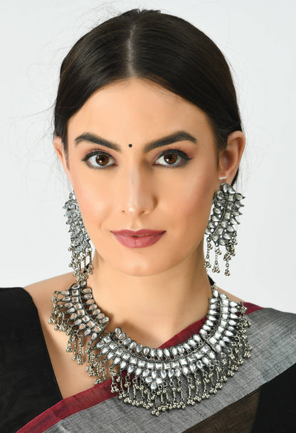 Silver-Plated Kundan Necklace with Earrings white Mangalsutra Jkms_084