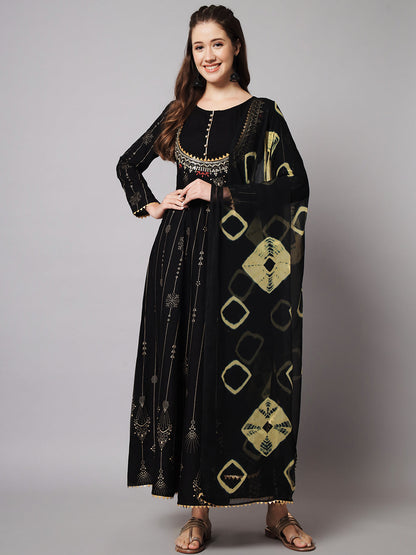 Women's Black & Gold Ethnic Motifs Maxi Dress