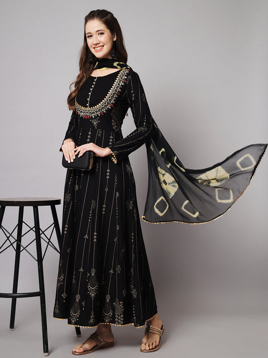 Women's Black & Gold Ethnic Motifs Maxi Dress