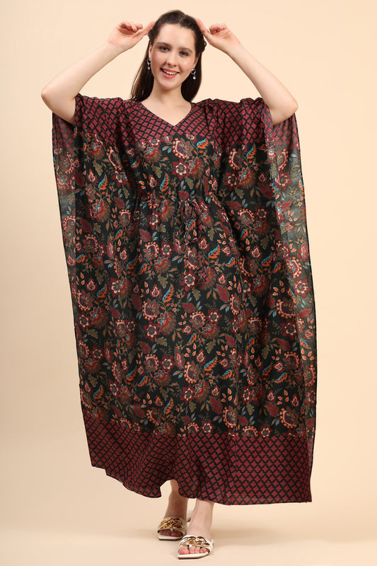 Women's Floral Print Rayon Long Kaftan In Green Base And Border