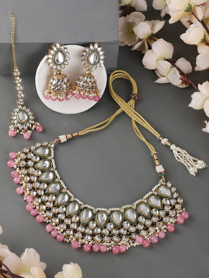 Women's Traditional Pastal Pink Kundan Stone Brass Choker Set