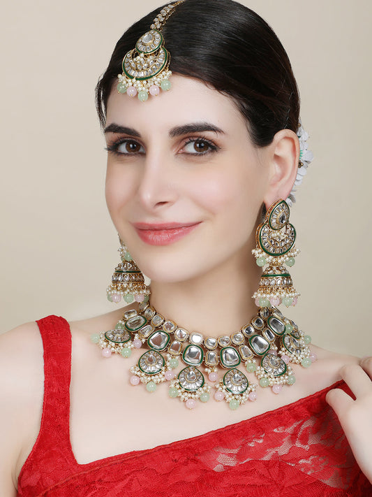 Women's Traditional Pastal Pink Sea Green Kundan Stone Brass Choker Set