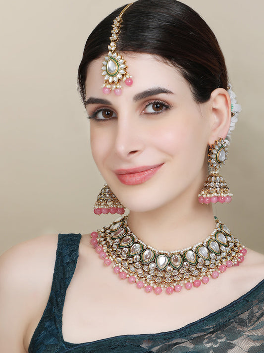 Women's Traditional Pastal Pink Kundan Stone Brass Choker Set