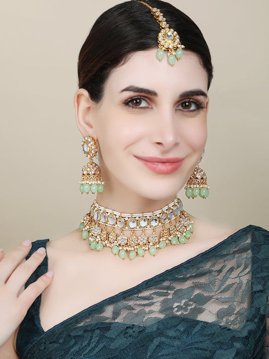 Women's Traditional Sea Green Kundan Stone Brass Choker Set