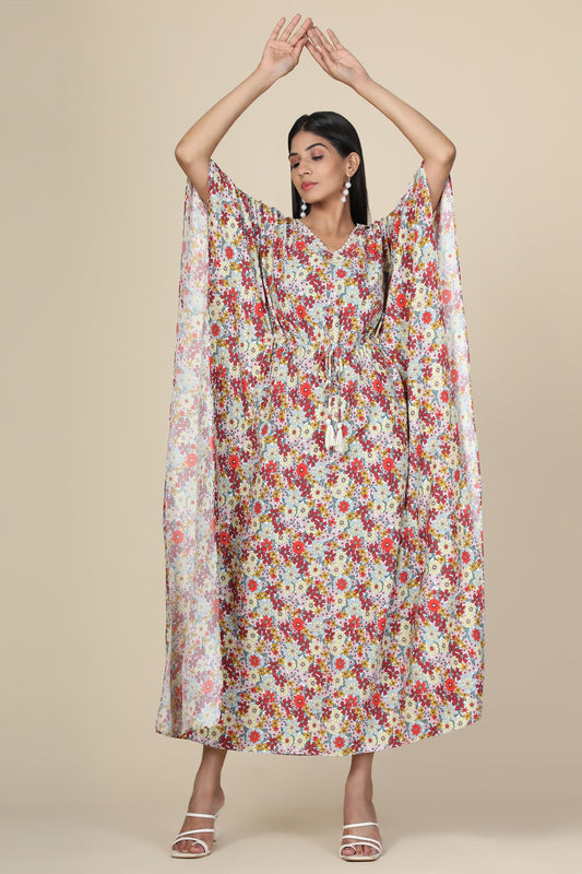 Women's Floral Print Rayon Kaftan In Grey Base