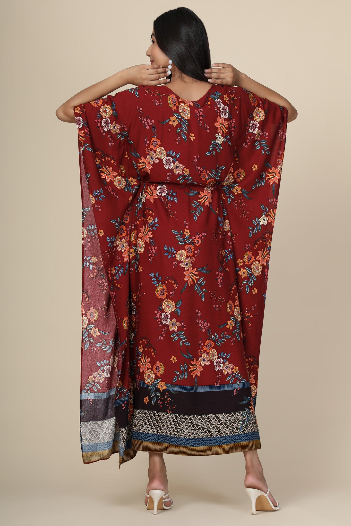 Women's Floral Print Rayon Long Kaftan In Maroon Base