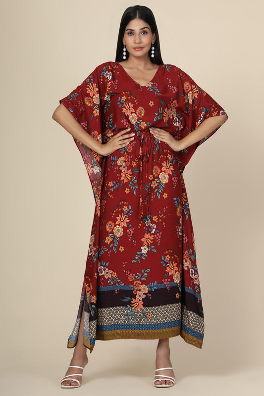 Women's Floral Print Rayon Long Kaftan In Maroon Base