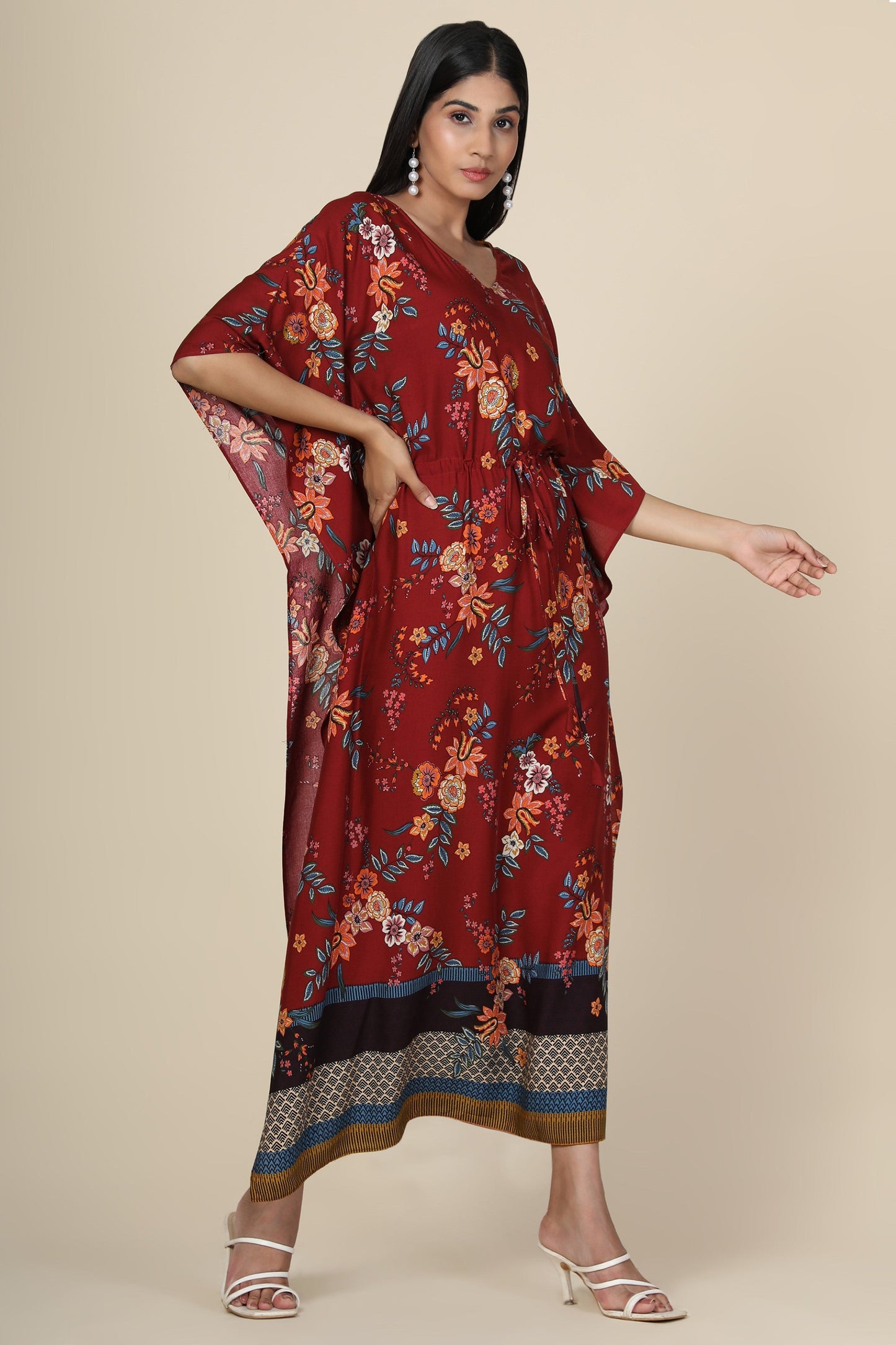 Women's Floral Print Rayon Long Kaftan In Maroon Base