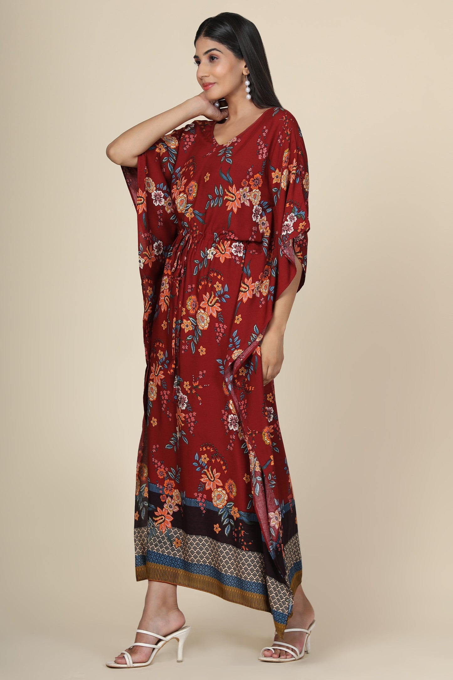 Women's Floral Print Rayon Long Kaftan In Maroon Base